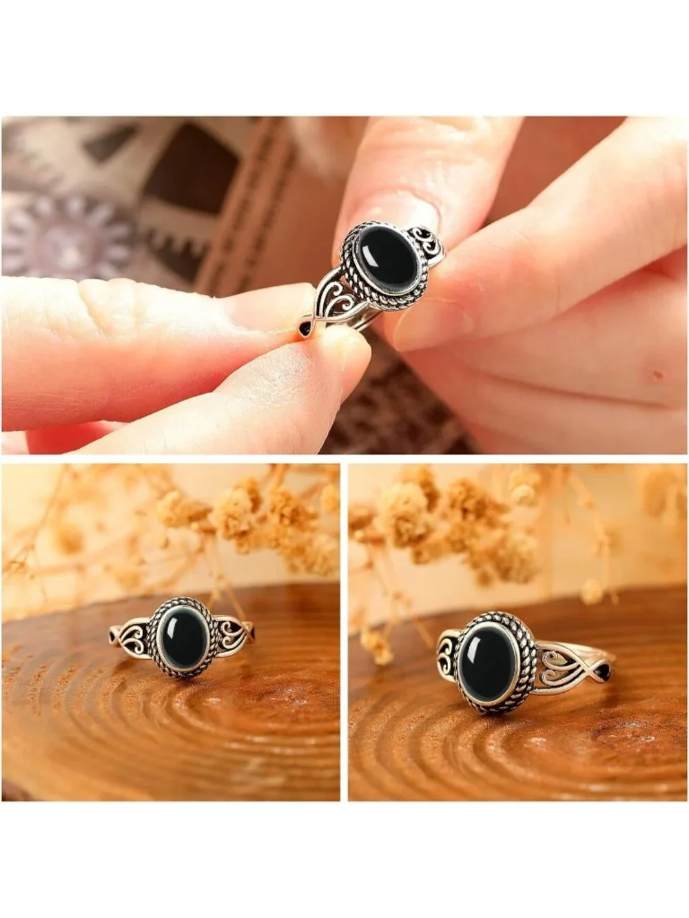 Women's Black Onyx 925 Sterling Silver Oval Adjustable Natural Stone Ring
